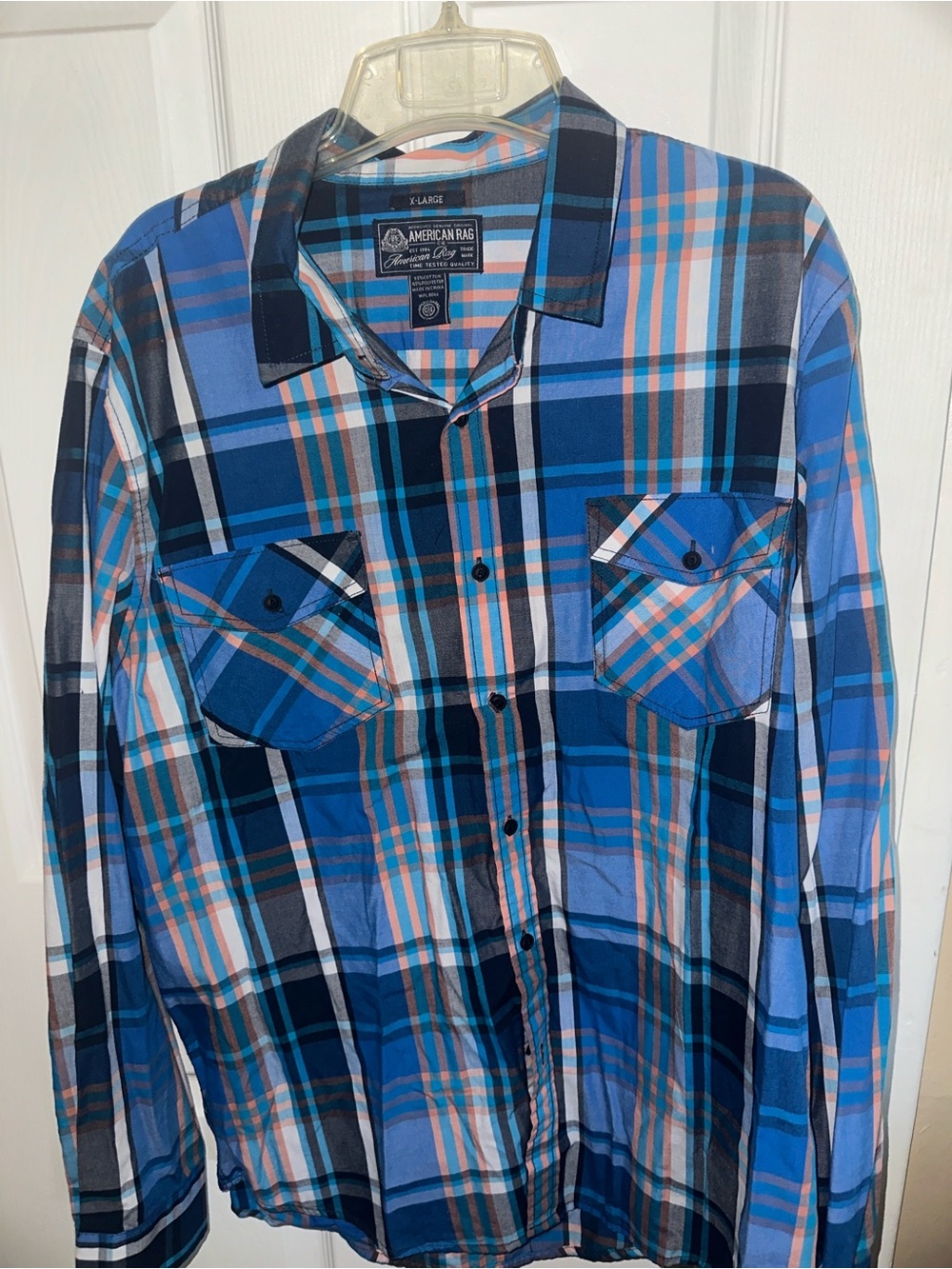 American Rag Men’s Blue and Orange Plaid Button-Down Shirt